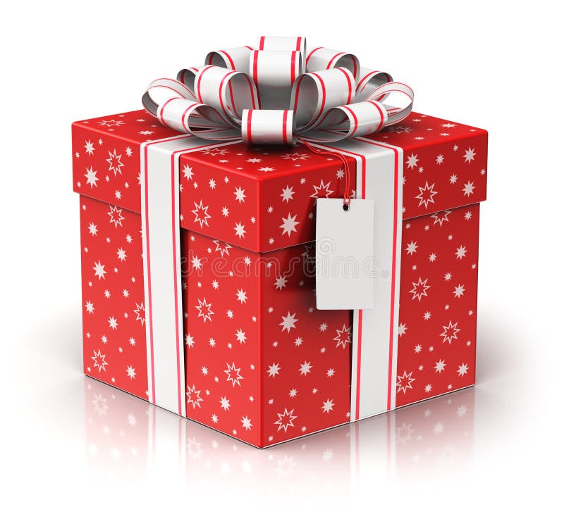 Gift or present box with ribbon bow and label tag