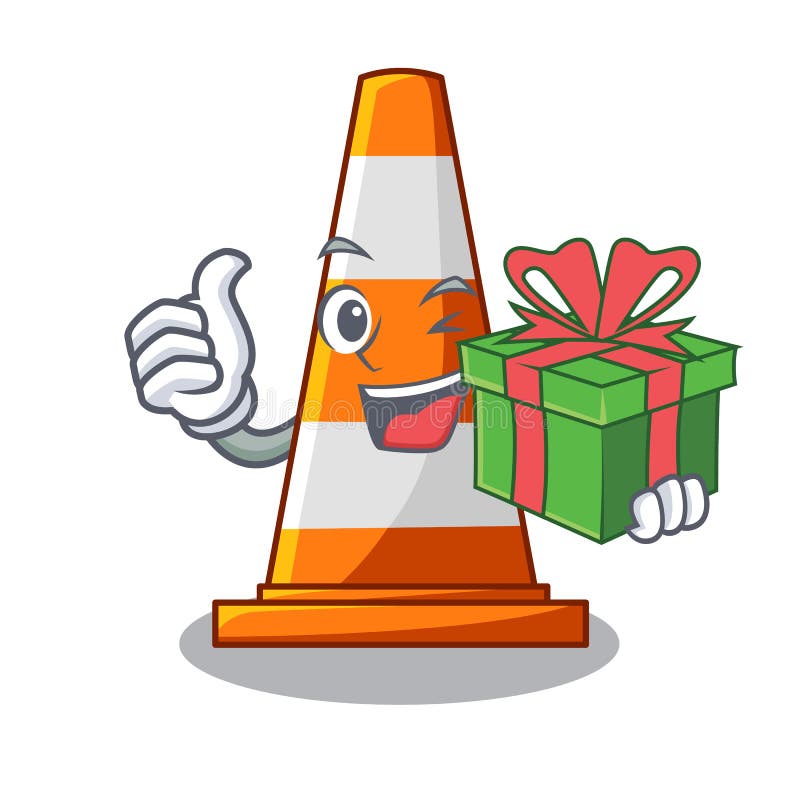 With Gift the Traffic Cone with Character Shape Stock Vector