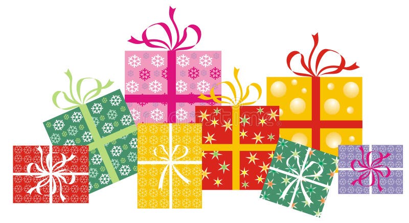 Illustration of eight gifts wrapped in festive Christmas paper and ribbons. Pile boxes vectors