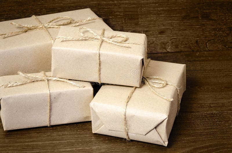 Gift Wrapping from Kraft Paper Wrapped with Twine Stock Image Image