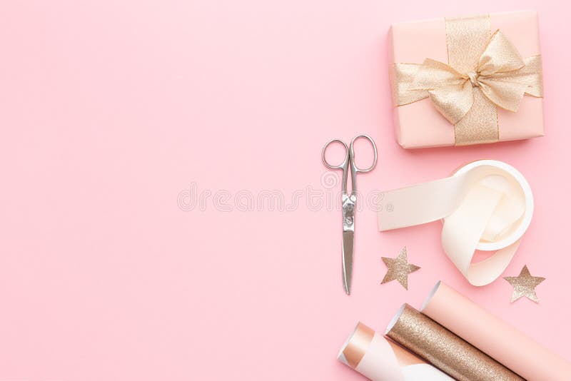 Gift wrapping. Pink nordic christmas gifts on pastel pink background. stock image Gift wrapping. Pink nordic christmas gifts on pastel pink background. stock image