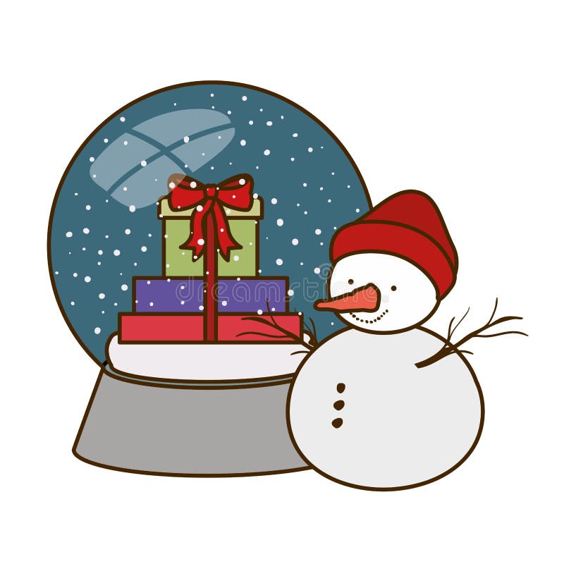 Giftdozen in kristallen bol en sneeuwmens geïsoleerd pictogram stock illustratie Giftdozen in kristallen bol en sneeuwmens geïsoleerd pictogram stock illustratie