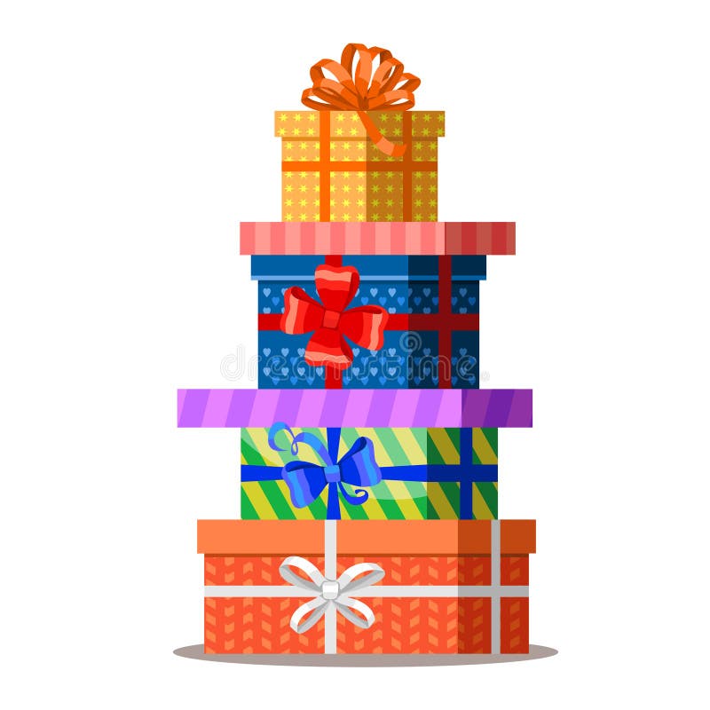 Gifts with bows and ribbons. Stack of colorful present gift boxes. Set of wrapped gift boxes isolated on white background. Sale and shopping concept. Vector illustration, eps 10. Pile boxes vectors