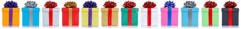 Gifts gift christmas birthday presents in a row isolated on white background