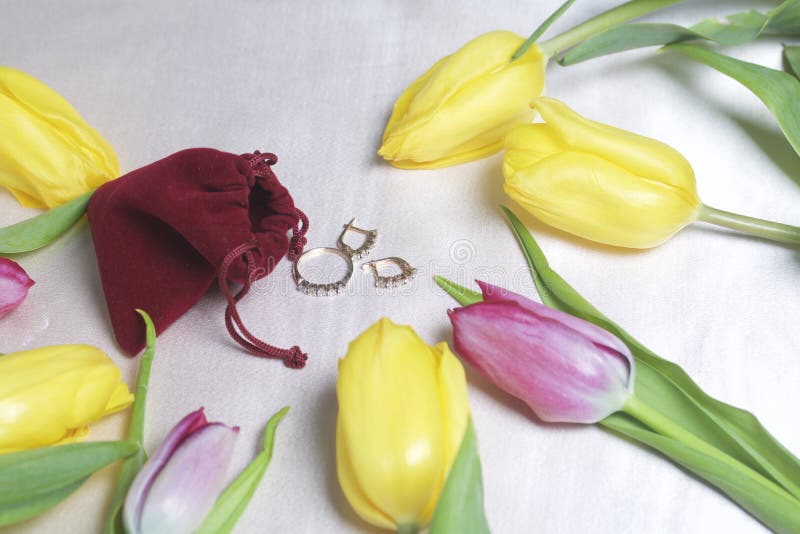 Gifts for loved ones. A bouquet of yellow and pink tulips is scattered on a light surface. Nearby is an open velvet bag of red col. Or with gold jewelry stock images Gifts for loved ones. A bouquet of yellow and pink tulips is scattered on a light surface. Nearby is an open velvet bag of red col. Or with gold jewelry stock images