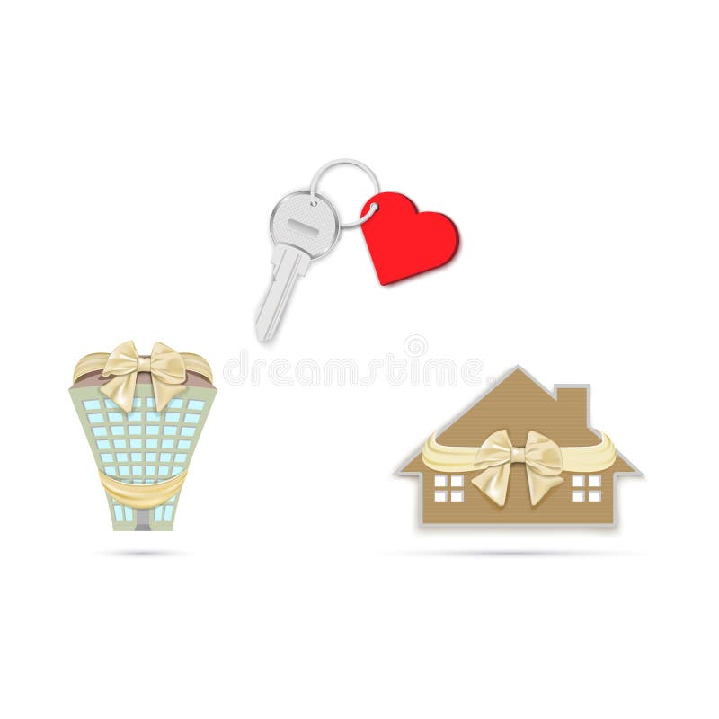 Giftsleutel met hart op een ketting en een huis met een boog stock illustratie Giftsleutel met hart op een ketting en een huis met een boog stock illustratie