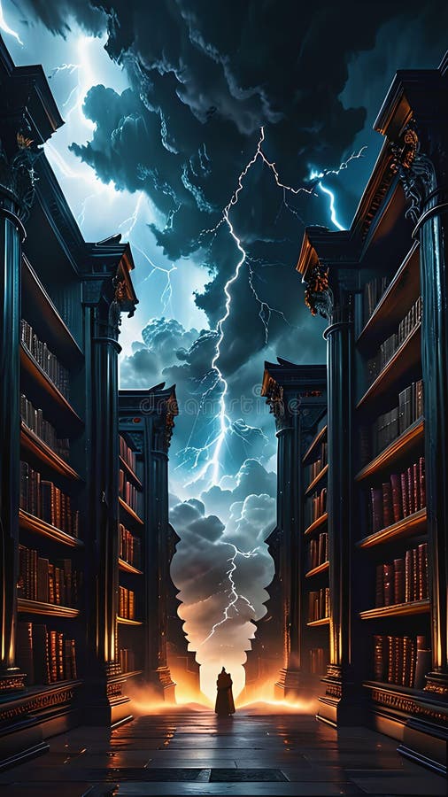 Gigantesques étagères à débordement fabriqués à partir d'obsidienne jettent une lumière brillante inquiétante sur un nuage tourbil illustration de vecteur