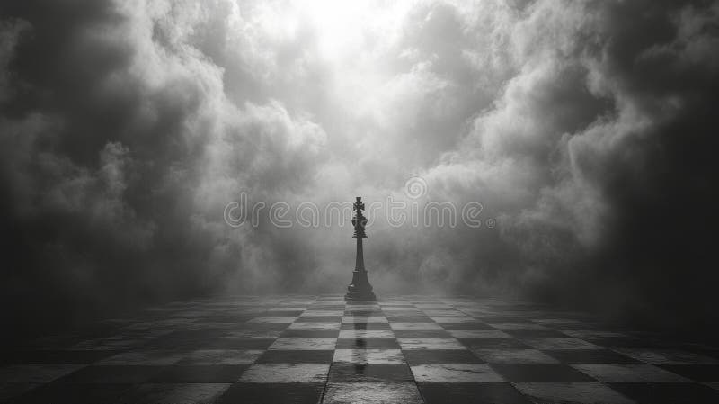 A gigantic chessboard scene in dramatic grayscale featuring a fallen king piece, other figures, and an urban setting royalty free stock photo