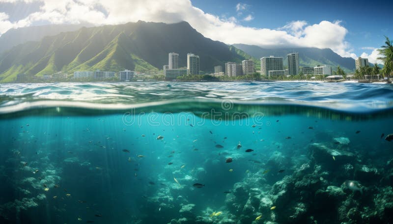 Gigantic problem alarming visual of massive plastic pollution damaging the environment stock illustration