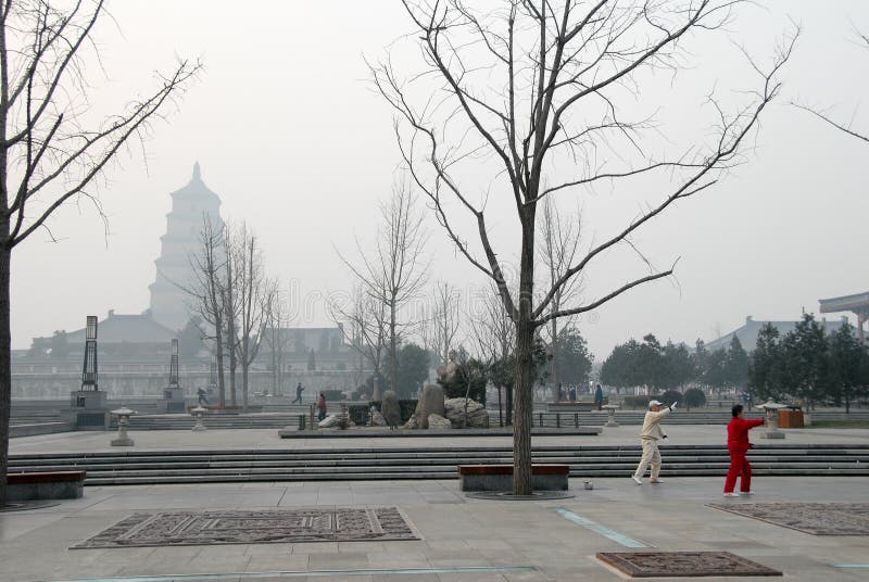 Gigantyczna Dzika Gęsia pagoda i ludzie bawić się Tai chi chuan, w ranku, XI. `, Chiny obrazy stock Gigantyczna Dzika Gęsia pagoda i ludzie bawić się Tai chi chuan, w ranku, XI. `, Chiny obrazy stock