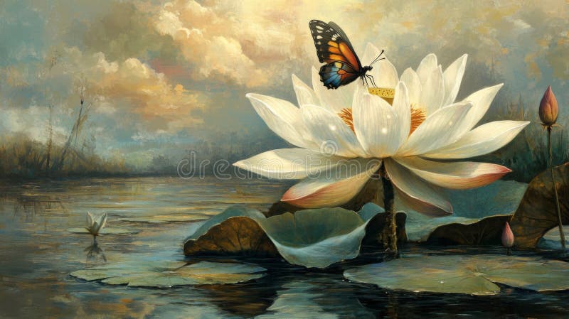 Giglio d'acqua bianco e farfalla d'arancia in una Serene Pond royalty illustrazione gratis