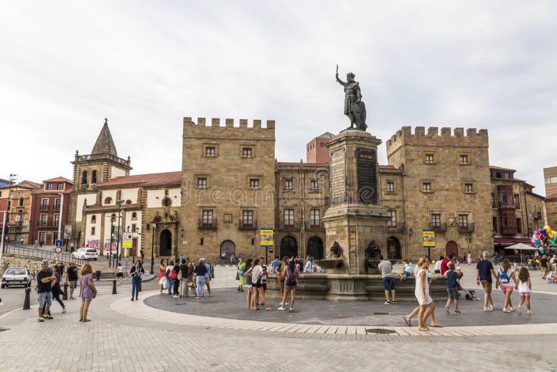 Gijon, Spain. Monument to Don Pelayo Pelagius of Asturias in the Plazuela del Marques square. Gijon, Spain. Monument to Don Pelayo Pelagius of Asturias in the Plazuela del Marques square