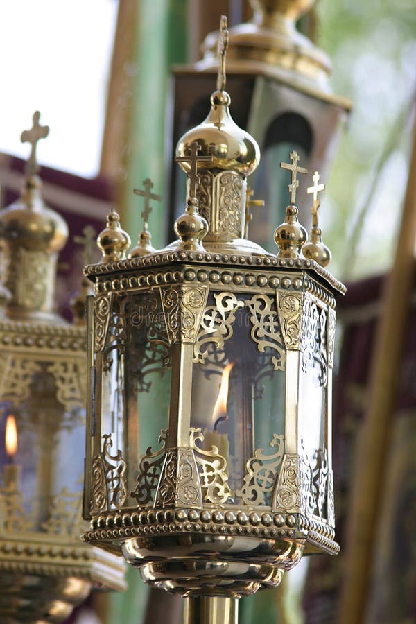 A Gilded Church Lantern for a Candle. Sacred Service Stock Photo