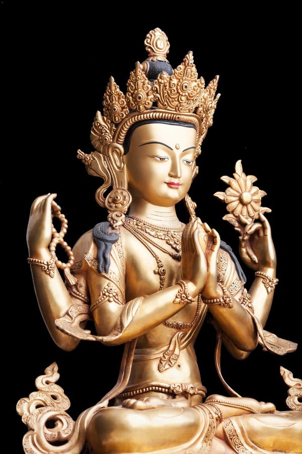 Four-armed form of Avalokiteshvara made of metal isolated on black background