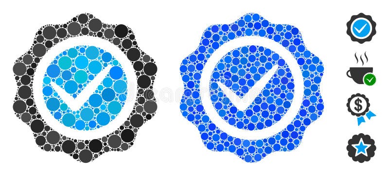 Valid seal mosaic of filled circles in different sizes and color tones, based on valid seal icon. Vector small circles are organized into blue mosaic. Valid seal mosaic of filled circles in different sizes and color tones, based on valid seal icon. Vector small circles are organized into blue mosaic