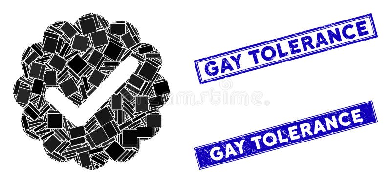 Mosaic valid pictogram and rectangle Gay Tolerance seals. Flat  valid mosaic pictogram of randomized rotated rectangle elements. Blue Gay Tolerance rubber stamps with rubber surface. Mosaic valid pictogram and rectangle Gay Tolerance seals. Flat  valid mosaic pictogram of randomized rotated rectangle elements. Blue Gay Tolerance rubber stamps with rubber surface