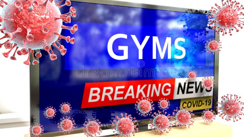 Covid, gyms and a tv set showing breaking news - pictured as a tv set with corona gyms news and deadly viruses around attacking it, 3d illustration. Covid, gyms and a tv set showing breaking news - pictured as a tv set with corona gyms news and deadly viruses around attacking it, 3d illustration