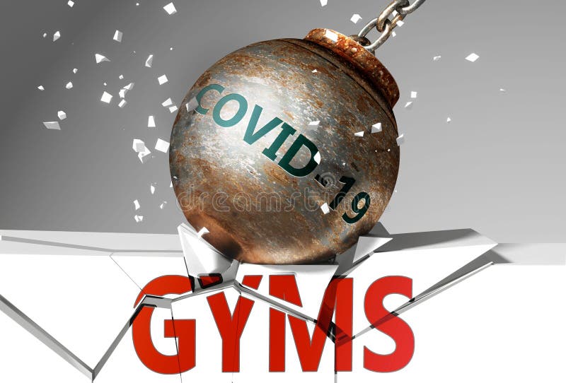 Gyms and coronavirus, symbolized by the virus destroying word Gyms to picture that covid-19  affects Gyms and leads to a crash and crisis, 3d illustration. Gyms and coronavirus, symbolized by the virus destroying word Gyms to picture that covid-19  affects Gyms and leads to a crash and crisis, 3d illustration.