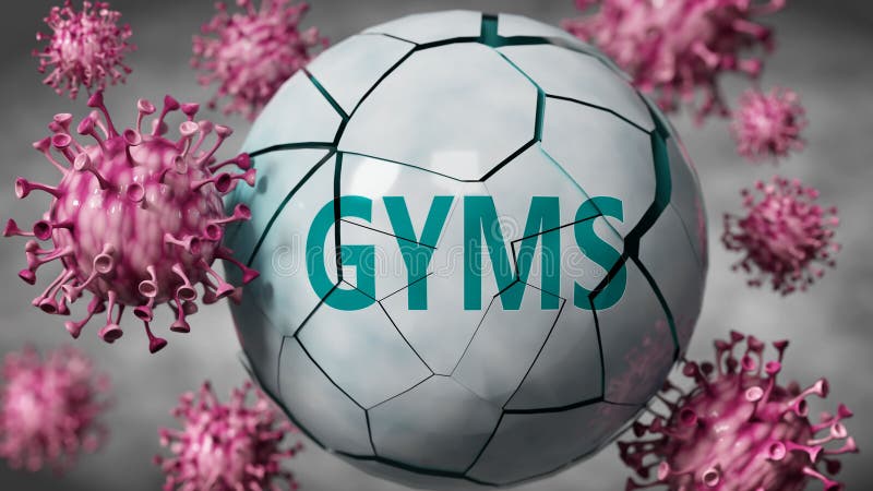 Gyms and Covid-19 virus, symbolized by viruses destroying word Gyms to picture that coronavirus outbreak destroys Gyms, blurred background, 3d illustration. Gyms and Covid-19 virus, symbolized by viruses destroying word Gyms to picture that coronavirus outbreak destroys Gyms, blurred background, 3d illustration.