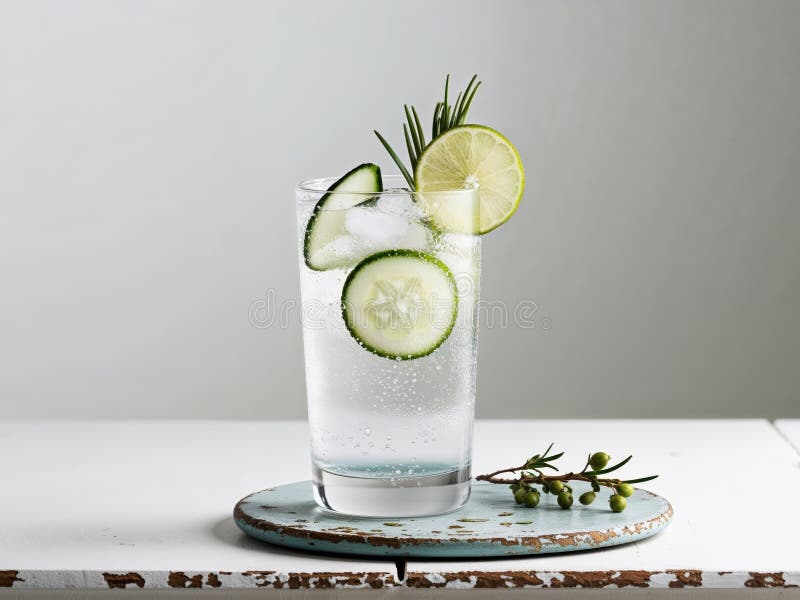 A gin and tonic served in a misted glass on a weathered background garnished with lime cucumber and juniper for a copy stock images