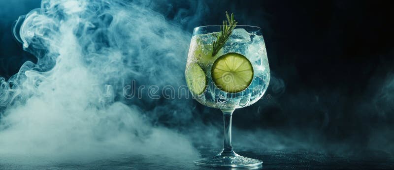 A gin and tonic served in a misted glass on a weathered background garnished with lime cucumber and juniper for a copy royalty free stock photo