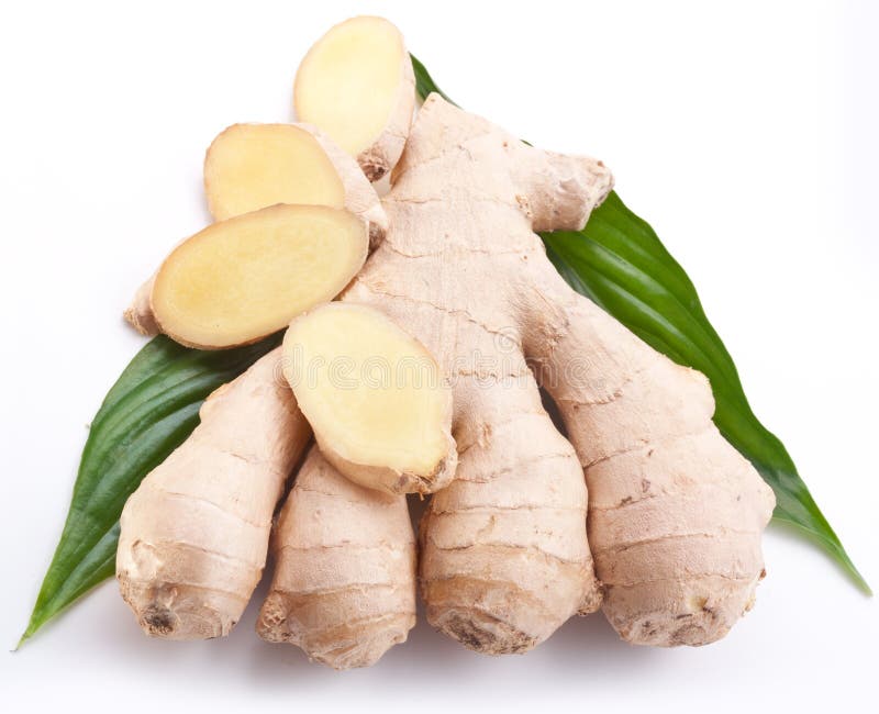 Gingembre frais avec des lames. photographie stock libre de droits
