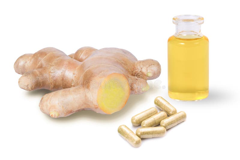 Ginger oil and ginger powder capsules isolated on white background.