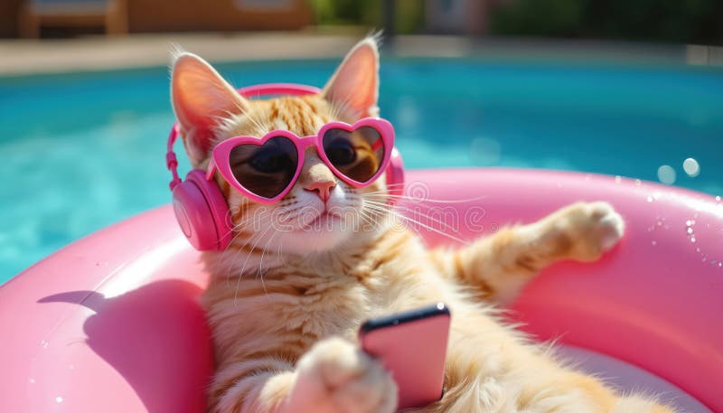 Ginger cat con occhiali da sole a forma di cuore, cuffie rosa rilassa la musica usando smartphone su un letto d'aria rosa gonfiabi royalty illustrazione gratis