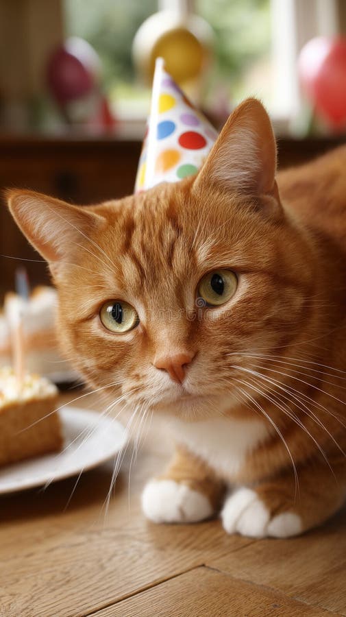 Ginger cat con sombrero de cumpleaños mira la tarta en la fiesta con globos. generado por IA