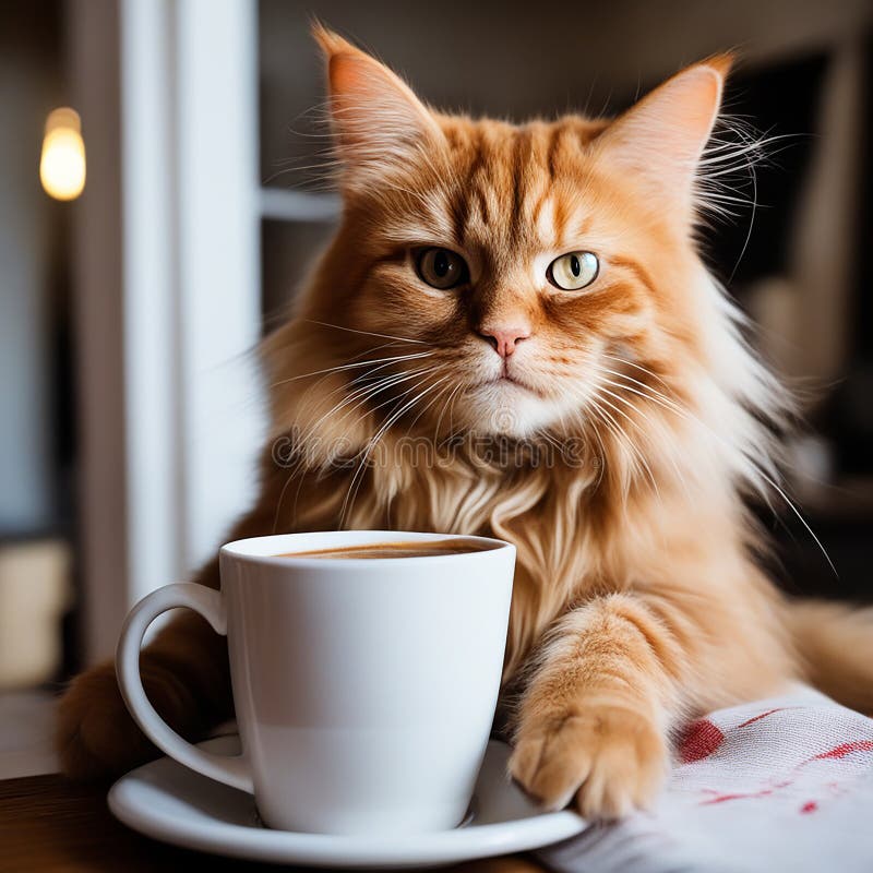 Ginger Cat Enjoying Hot Coffee Stock Image Image of break, companion 301170291