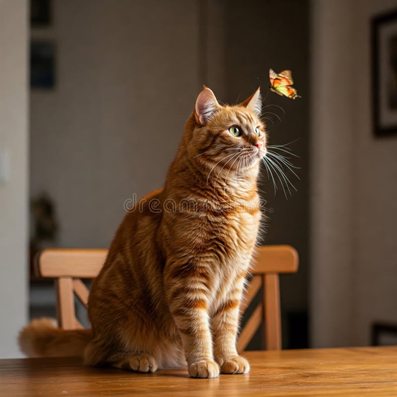 Ginger Cat Gazing bei einem zarten Schmetterling stock abbildung