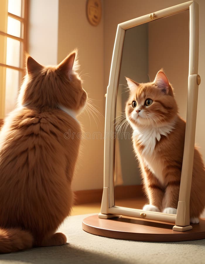 Ginger Cat Observing Reflection AI Generative stock image