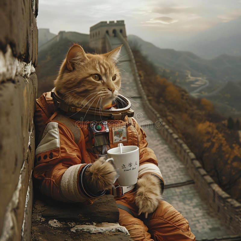 Ginger Cat Raumanzug sitzt Stein-Glanz direkt Kamera Schlamm Berg Hintergrund. stockfoto