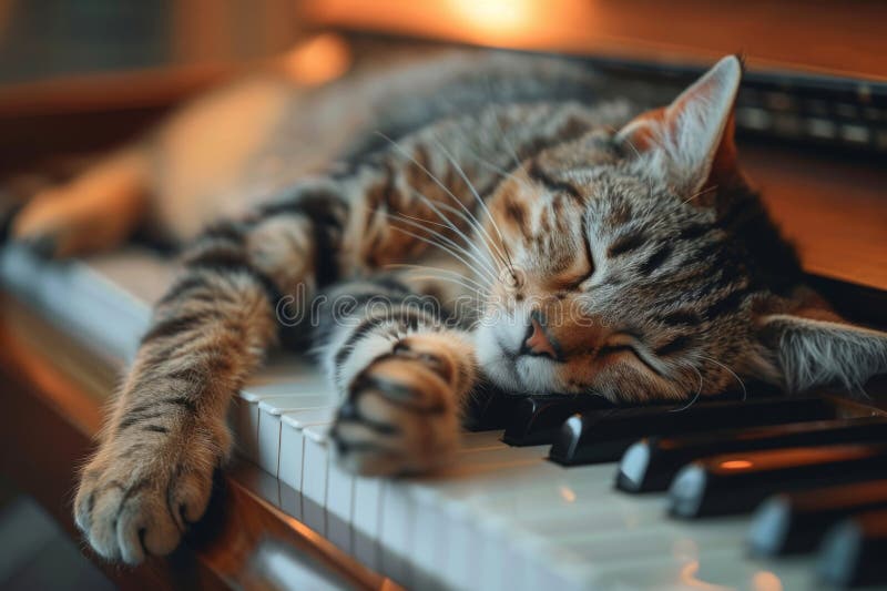 Ginger Cat Sleeping Peacefully on Piano Keys Stock Photo - Image