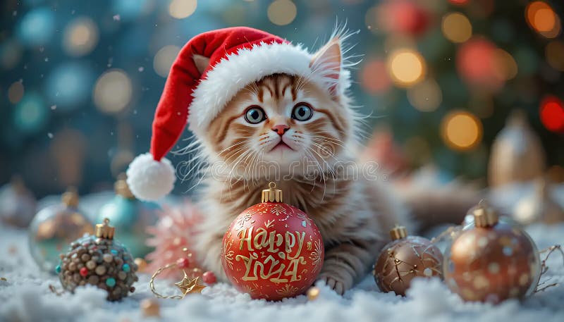 Ginger Gatito Adorable en Sombrero Santa con adornos navideños stock de ilustración