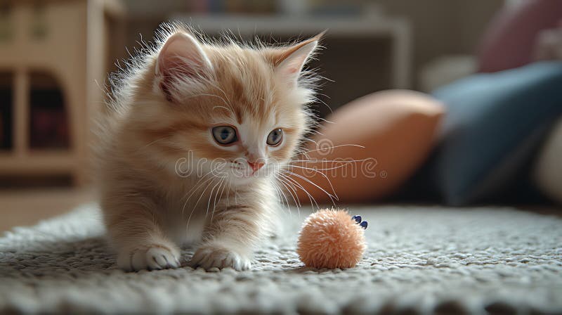 Ginger gitten adorable jugando con un pequeño juguete sobre una moqueta suave libre illustration