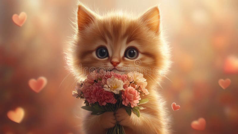 Ginger Kitten Adorable Con Flores Rosa libre illustration