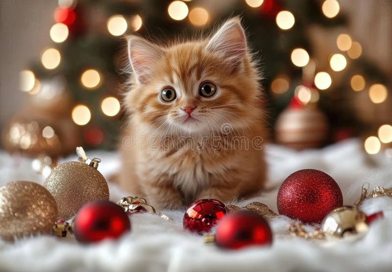 Ginger Kitten Adorable en medio de adornos navideños ilustración del vector