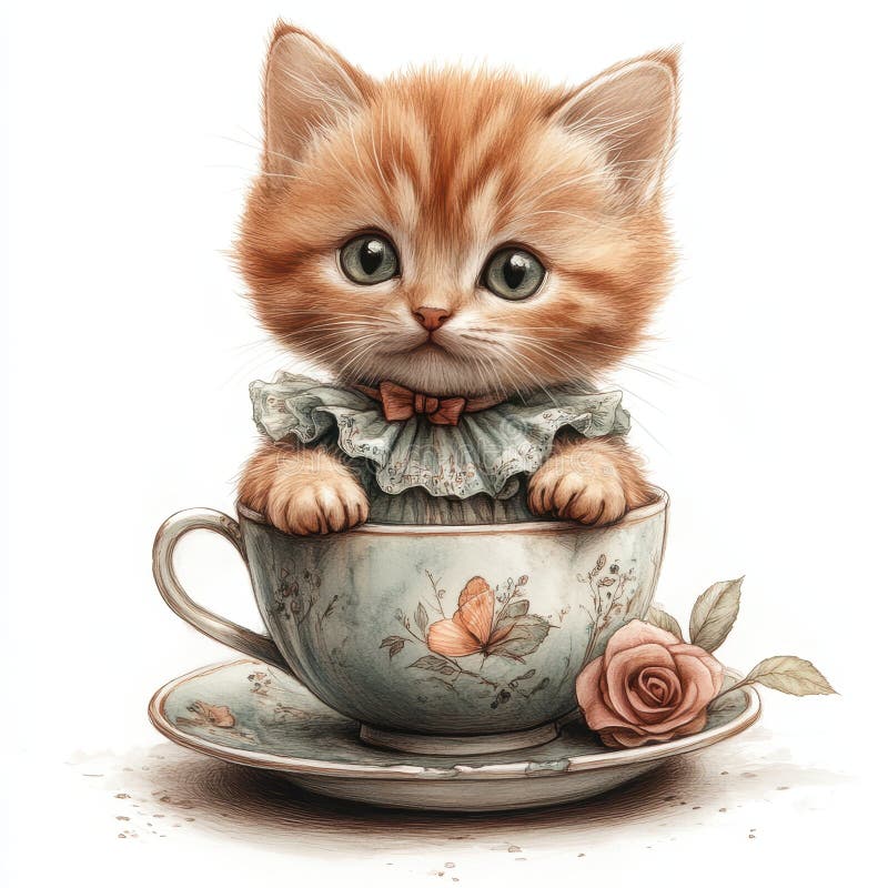 Ginger kitten adorable en té vintage con rosa libre illustration