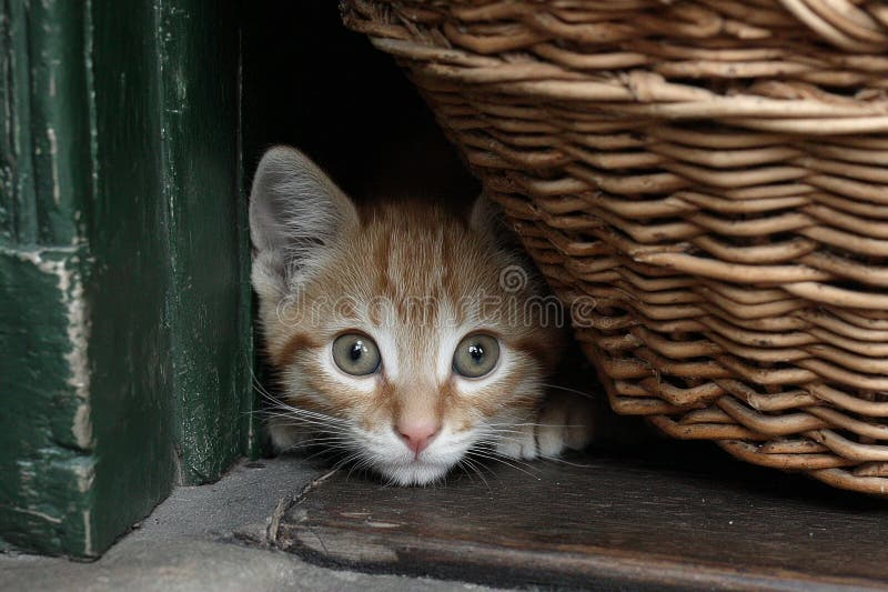 Ginger kitten peeking out from under wicker basket, displaying curiosity stock photos