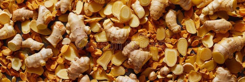 Ginger root texture background, dry zingiber officinale pattern, turmeric mockup, dry spice seasoning