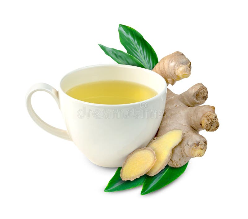 Ginger Tea in Glass Cup and Leaves Isolated on White Background Stock