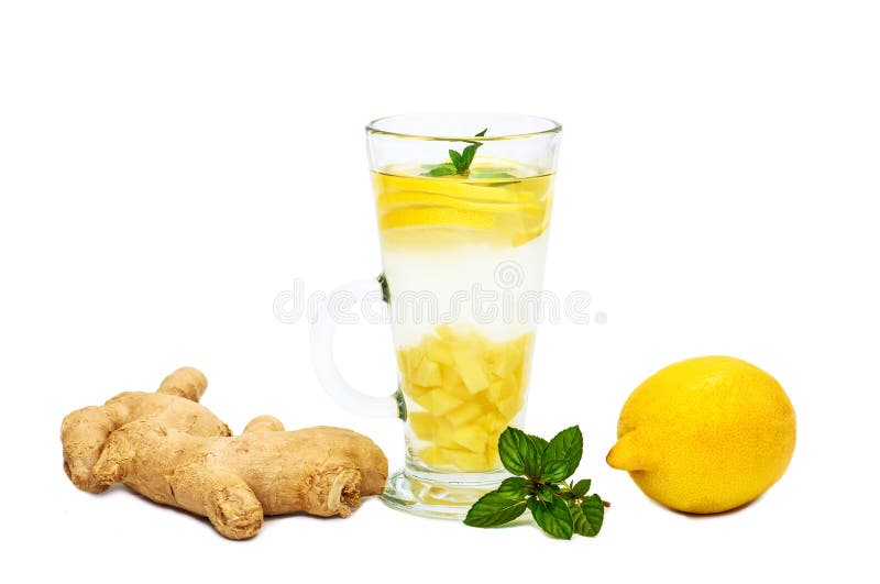 Ginger Tea with Lemon, Ginger Root and Mint on White Background Stock Image Image of colds