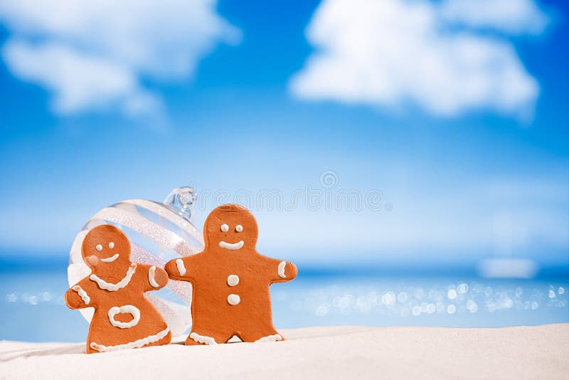 Gingerbread boy and girl on beach with seascape background