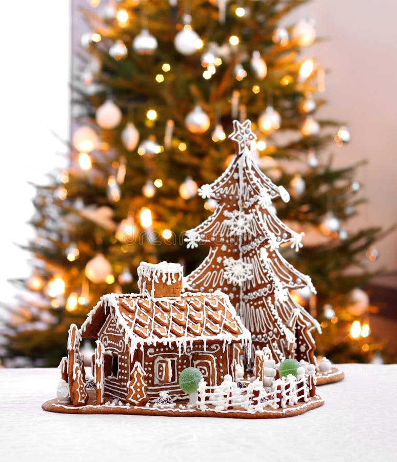 Gingerbread Cottage and Christmas Tree Stock Image Image of decoration, christmas 30179429