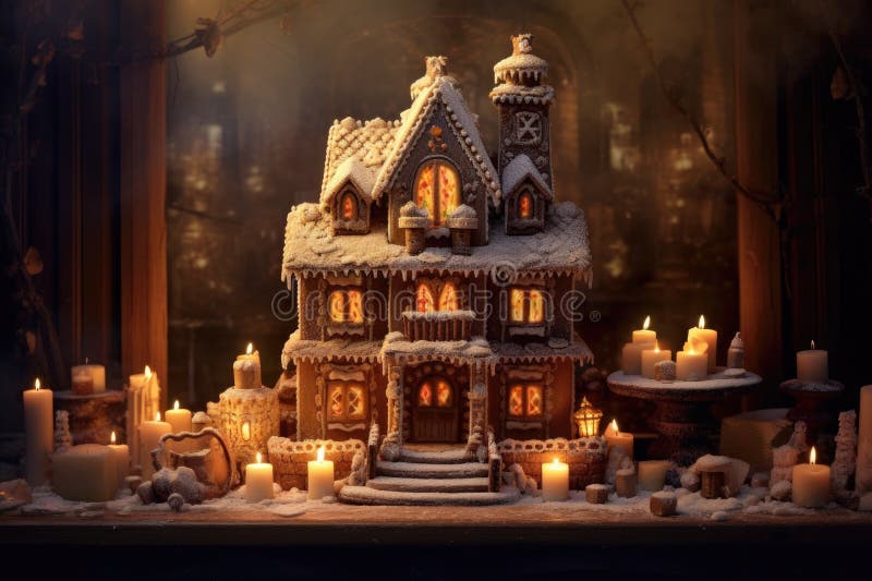 Gingerbread House Illuminated by Soft Candlelight Stock Illustration