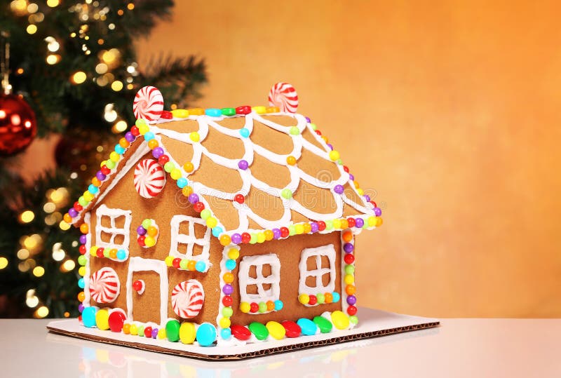Gingerbread House Over Decorated Christmas Tree Stock Photo Image of