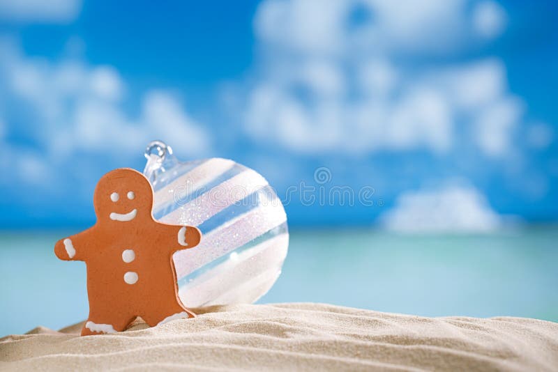 gingerbread man and glass balll on beach with seascape background