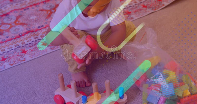 Giocare con giocattoli in legno colorati, bambini sopra forme geometriche animate video d archivio