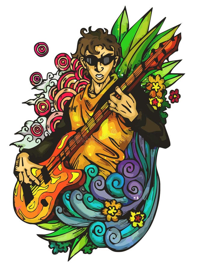 A bass player with natural talent appear the element of nature around it. A bass player with natural talent appear the element of nature around it